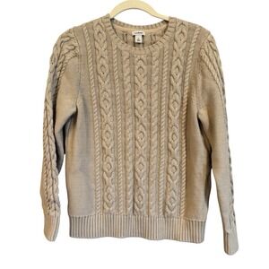 Ll Bean Sweater‎ Women's Large Petite Tan Oatmeal Chunky Fisherman Cable Knit